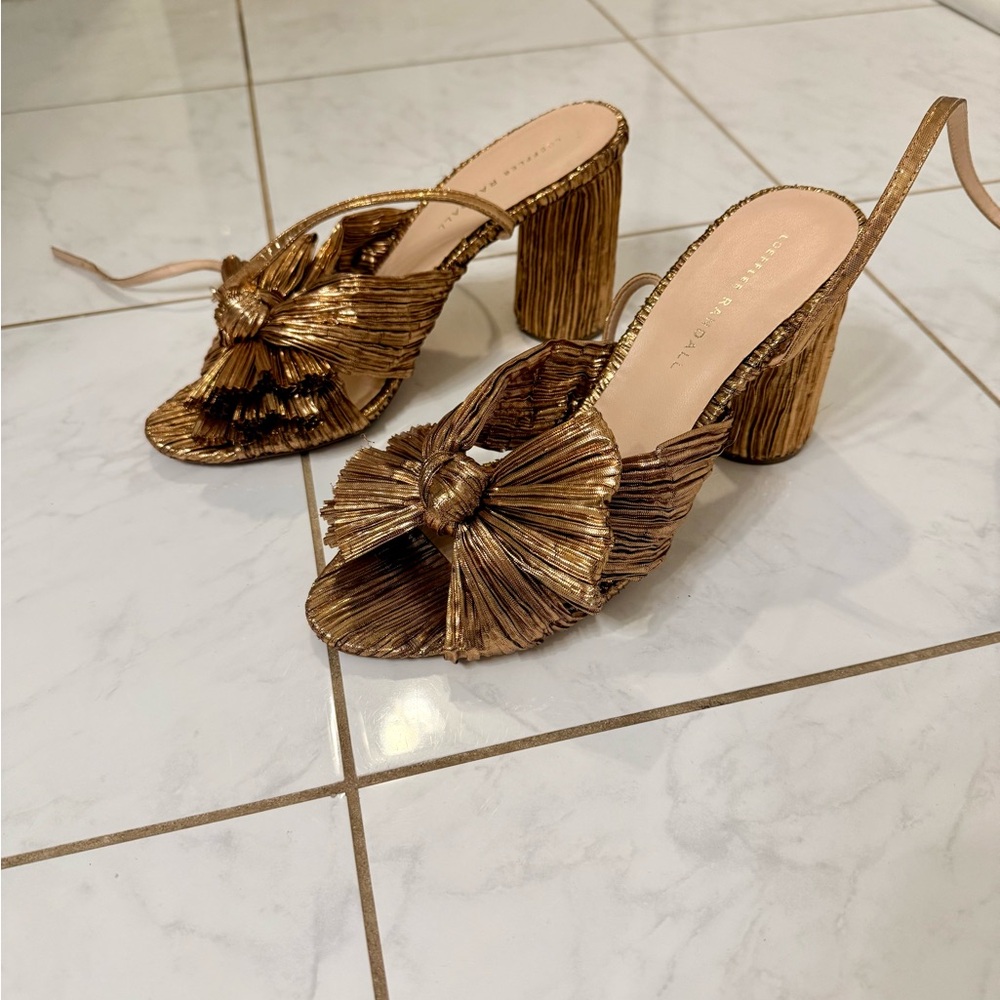Loeffler Randall Metallic Gold/Copper Knotted Pleat Block Heel Sandals
